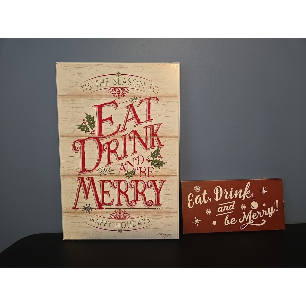 EAT DRINK And BE MERRY Christmas Wood Signs - Holiday Decor Set of 2